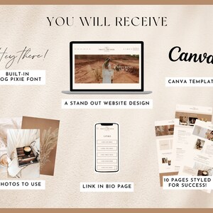 Op de afbeelding: Een digitale marketing website ontwerp sjabloon met een beige achtergrond. De sjabloon bevat een laptop met een website ontwerp, een telefoon met een link in bio pagina en een set Canva sjablonen. De tekst "You Will Receive" staat bovenaan de afbeelding. De tekst "Hey there! Built-in Blog Pixie Font" staat aan de linkerkant van de afbeelding. De tekst "Canva Canva Templates" staat aan de rechterkant van de afbeelding. De tekst "A Stand Out Website Design" staat onder de laptop. De tekst "Photos to Use" staat onder de foto's. De tekst "Link in Bio Page" staat onder de telefoon. De tekst "10 Pages Styled for Success!" staat onder de Canva sjablonen.