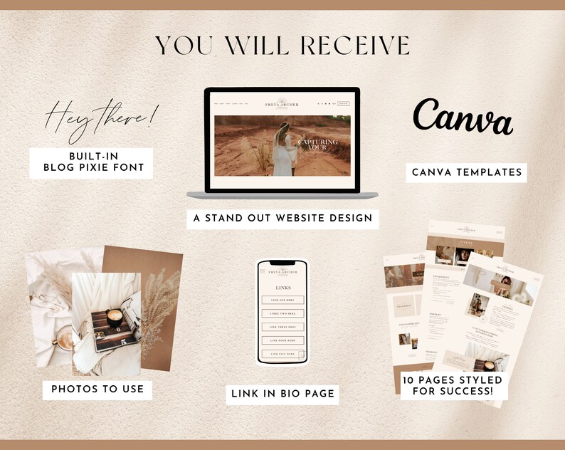 Op de afbeelding: Een digitale marketing website ontwerp sjabloon met een beige achtergrond. De sjabloon bevat een laptop met een website ontwerp, een telefoon met een link in bio pagina en een set Canva sjablonen. De tekst "You Will Receive" staat bovenaan de afbeelding. De tekst "Hey there! Built-in Blog Pixie Font" staat aan de linkerkant van de afbeelding. De tekst "Canva Canva Templates" staat aan de rechterkant van de afbeelding. De tekst "A Stand Out Website Design" staat onder de laptop. De tekst "Photos to Use" staat onder de foto's. De tekst "Link in Bio Page" staat onder de telefoon. De tekst "10 Pages Styled for Success!" staat onder de Canva sjablonen.