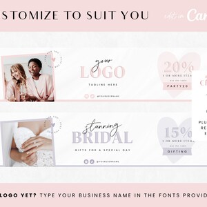 Puede incluir: Dos plantillas de redes sociales personalizables para una tienda de novias o un planificador de fiestas. La plantilla superior presenta un coraz&oacute;n rosa con el texto "20% 3 O M&Aacute;S ART&Iacute;CULOS usa el c&oacute;digo PARTY20". La plantilla inferior presenta un coraz&oacute;n morado con el texto "15% 3 O M&Aacute;S ART&Iacute;CULOS usa el c&oacute;digo GIFTING". Ambas plantillas tienen espacio para un logotipo, un eslogan y un nombre de usuario de redes sociales.