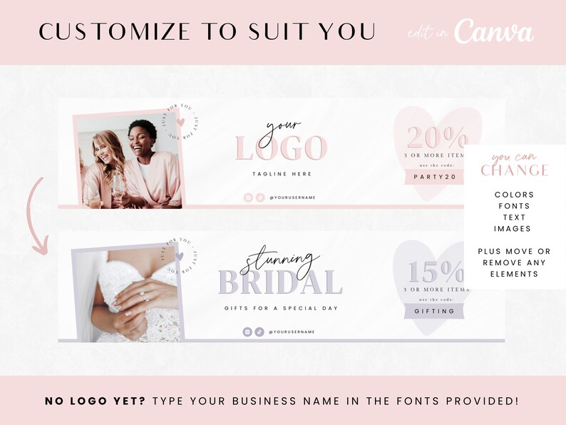 Puede incluir: Dos plantillas de redes sociales personalizables para una tienda de novias o un planificador de fiestas. La plantilla superior presenta un coraz&oacute;n rosa con el texto "20% 3 O M&Aacute;S ART&Iacute;CULOS usa el c&oacute;digo PARTY20". La plantilla inferior presenta un coraz&oacute;n morado con el texto "15% 3 O M&Aacute;S ART&Iacute;CULOS usa el c&oacute;digo GIFTING". Ambas plantillas tienen espacio para un logotipo, un eslogan y un nombre de usuario de redes sociales.