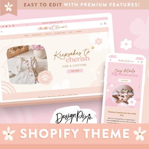 Puede incluir: Maqueta digital de un tema de Shopify, que se muestra en un portátil y un smartphone. El tema presenta una combinación de colores rosa y blanco con detalles florales. El texto incluye "Keepsakes to cherish" y "Tiny details, big memories."