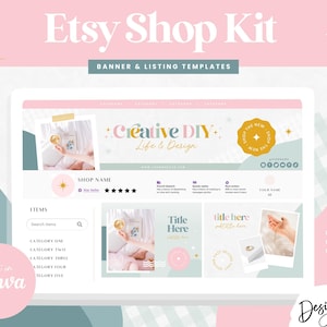 May include: Etsy shop banner template with a pink and blue color scheme. The banner features the text "Creative DIY: Life & Design" and a gold starburst. The template also includes a section for shop name, items, and categories.