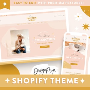 Boho Shopify Theme Template - Sunshine Vibes Website Design - Golden Yellow Bohemian Shop - Ecommerce Store Peach Banners SV01 Design Pixie