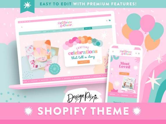Party Shopify Theme - Fun Ecommerce Website Template for Party Supplies, Balloons, Decor, Event Shops - Store Design CE01 Design Pixie