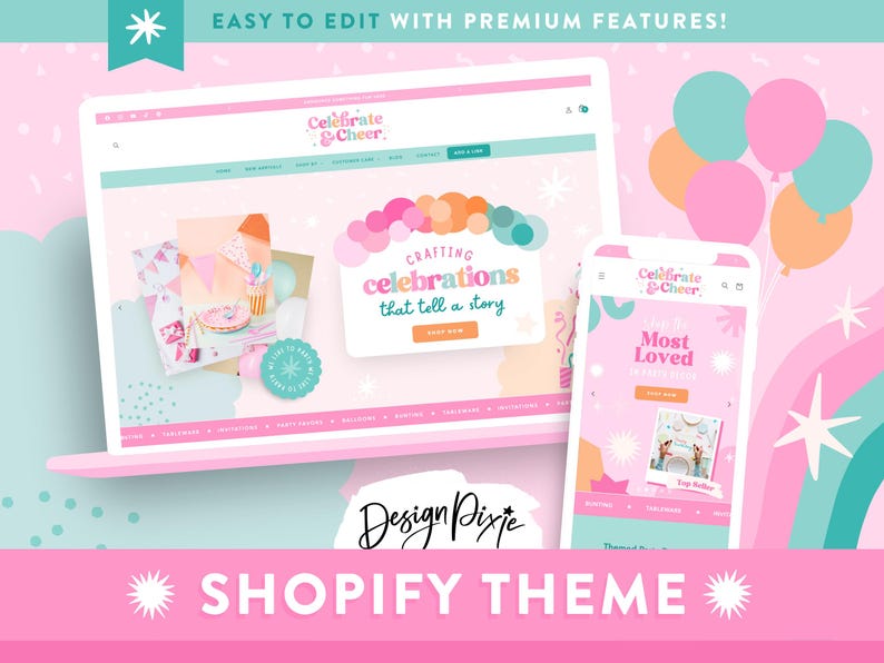 Bright and colorful Party Shopify theme with stars, confetti, and balloons - perfect for party supply stores.