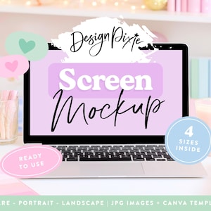 Könnte beinhalten: Ein Laptop-Bildschirm mit dem Text Design Pixie Screen Mockup, 4 SIZES INSIDE und READY TO USE. Der Bildschirm hat einen hellvioletten Hintergrund mit schwarzem und weißem Text. Der Laptop hat eine silberne Tastatur und einen schwarzen Rahmen.