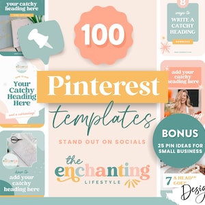 Può includere: Un collage di 100 modelli Pinterest in rosa pastello e verde per i social media. Il testo "100 modelli Pinterest" è in un font grande e in grassetto. Il testo "Risalta sui social" è in un font più piccolo. Il testo "The Enchanting Lifestyle" è in un font più piccolo ed è circondato da un design a raggiera rosa e verde. Il testo "Bonus: 25 idee di pin per piccole imprese" è in un cerchio verde.