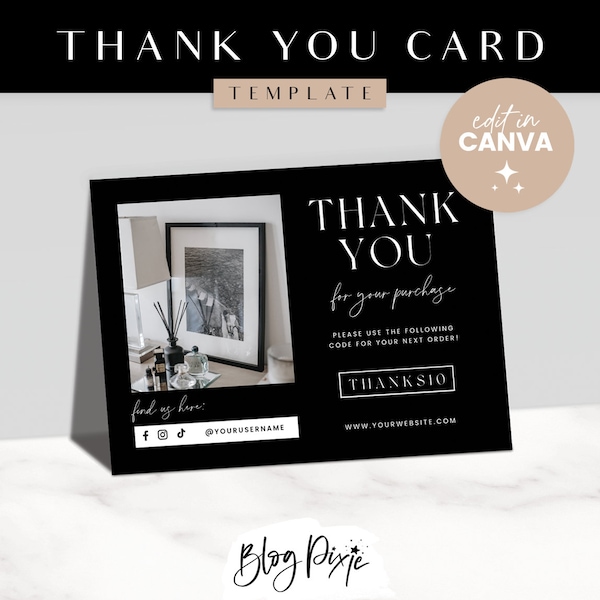 Plantilla de tarjeta de agradecimiento - Tarjeta de pedido de agradecimiento de Canva - Diseño de lujo en blanco y negro - Marca para pequeñas empresas - Boutique - Blog Pixie