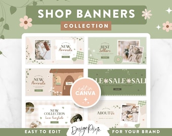 Peut inclure: Un ensemble de six bannières de boutique modifiables avec un schéma de couleurs vert et marron et des accents floraux. Les bannières comprennent des textes tels que "Nouveautés", "Meilleurs vendeurs", "Soldes" et "À propos de nous".