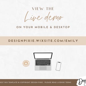 Pode incluir: Um computador port&aacute;til branco com um teclado preto e um telefone branco em um fundo branco. O texto "VIEW THE Live demo ON YOUR MOBILE & DESKTOP DESIGNPIXIE.WIXSITE.COM/EMILY" &eacute; exibido na imagem.