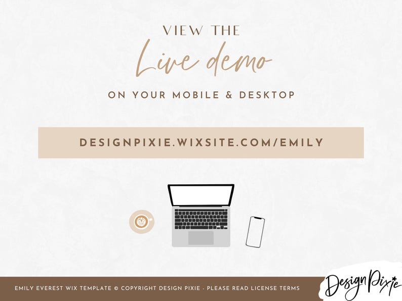 Pode incluir: Um computador port&aacute;til branco com um teclado preto e um telefone branco em um fundo branco. O texto "VIEW THE Live demo ON YOUR MOBILE & DESKTOP DESIGNPIXIE.WIXSITE.COM/EMILY" &eacute; exibido na imagem.