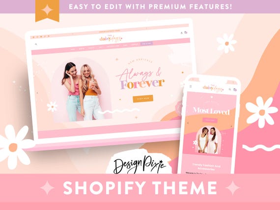 Pink Fashion Shopify Theme - Online Boutique - Shopify Clothing Website - Floral Slideshow Banners - Shopify 2.0 Template DD01 Design Pixie