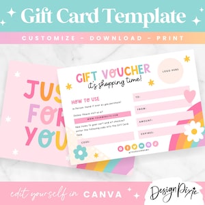 Plantilla de certificado de regalo - Plantilla de tarjeta de regalo editable en Canva - Diseño de vale de regalo arcoíris - Marca empresarial - PF01 Blog Pixie