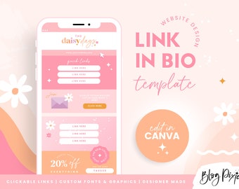 May include: A pink and white phone screen mockup with a link in bio template design. The template features a pink and white colour scheme with a daisy design. The text on the screen says "The Daisy Days" and "Quick Links". The template is designed to be used on social media platforms like Instagram.