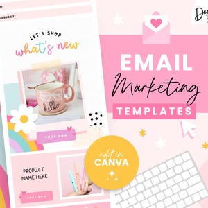 Könnte beinhalten: Rosa und weiße E-Mail-Marketing-Vorlagen mit dem Text "EMAIL Marketing TEMPLATES". Das Design umfasst einen Regenbogen, Gänseblümchen und eine Tasse mit dem Wort "hello". Die Vorlagen sind zur Bearbeitung in Canva konzipiert.