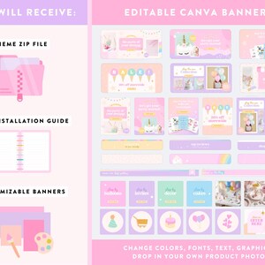 May include: A digital product display with a pink and purple color scheme. The image showcases customizable Canva banners, including a theme zip file, PDF installation guide, and various banner templates. Text includes "YOU WILL RECEIVE" and "EDITABLE CANVA BANNERS".