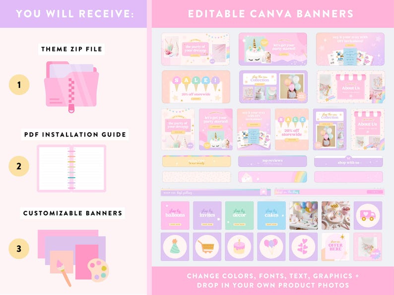 May include: A digital product display with a pink and purple color scheme. The image showcases customizable Canva banners, including a theme zip file, PDF installation guide, and various banner templates. Text includes "YOU WILL RECEIVE" and "EDITABLE CANVA BANNERS".