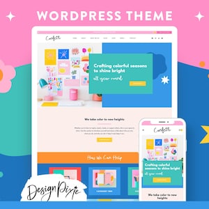 May include: A digital mockup of a WordPress theme, displayed on a tablet and smartphone. The theme, named "Confetti," features a colorful design with the text "Crafting colorful seasons to shine bright all year round." The background is pink, blue, and white.