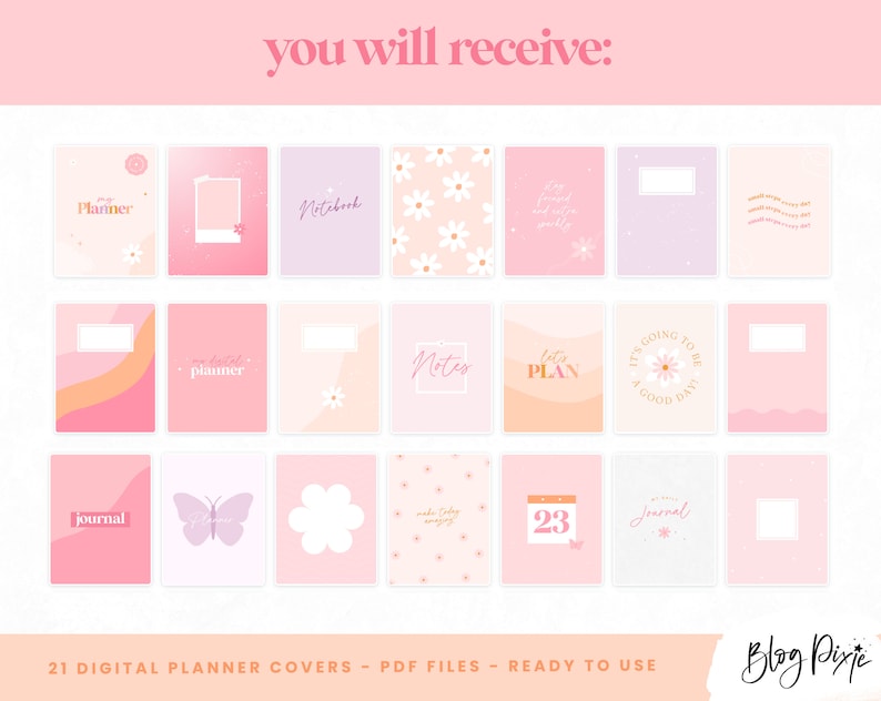May include: Twenty-one digital planner covers in PDF format. The covers feature a variety of designs, including floral patterns, butterflies, and simple geometric shapes. The covers are all in shades of pink, white, and peach.