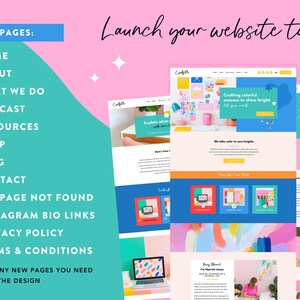 May include: A website design concept with a pink and teal color scheme. The text "Launch your website today" is displayed. Website page examples are shown, along with a list of website pages including Home, About, and Shop.