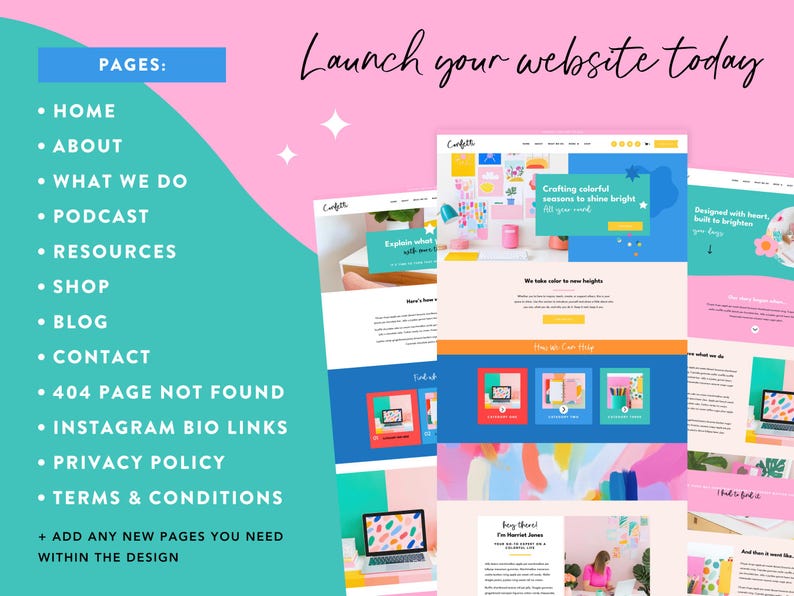 May include: A website design concept with a pink and teal color scheme. The text "Launch your website today" is displayed. Website page examples are shown, along with a list of website pages including Home, About, and Shop.
