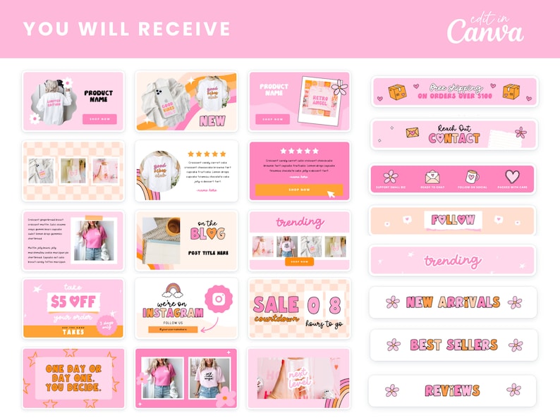 Op de afbeelding: Een verzameling roze en oranje social media sjablonen voor een online winkel. De sjablonen bevatten afbeeldingen van bloemen, harten en regenbogen. De tekst op de sjablonen omvat "Nieuwe aankomsten", "Bestsellers", "Beoordelingen", "Sale 08", "Trending", "Volgen", "Contact", "Gratis verzending bij bestellingen boven &euro; 100", "E&eacute;n dag of dag &eacute;&eacute;n. Jij beslist.", "We zijn op Instagram", "Krijg &euro; 5 korting op je bestelling", "Op de blog", "Productnaam" en "Trending".