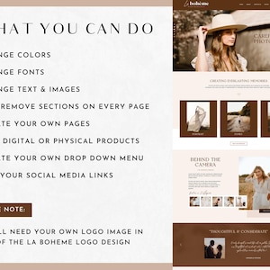 May include: A website template for photographers, featuring a brown and white color scheme with a woman in a white dress and a wide-brimmed hat. The text "Carefree Photographer" is displayed on the website. The website template is customizable and allows users to change colors, fonts, text, and images. Users can also add or remove sections, create their own pages, sell digital or physical products, create a drop-down menu, and add social media links.