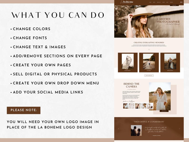 May include: A website template for photographers, featuring a brown and white color scheme with a woman in a white dress and a wide-brimmed hat. The text "Carefree Photographer" is displayed on the website. The website template is customizable and allows users to change colors, fonts, text, and images. Users can also add or remove sections, create their own pages, sell digital or physical products, create a drop-down menu, and add social media links.