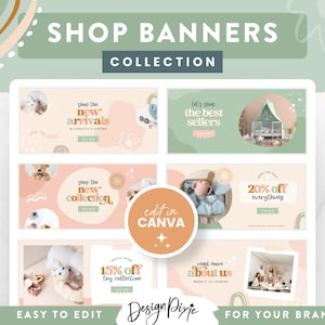 May include: A collection of six social media banners featuring pastel colors and illustrations of stuffed animals. The banners advertise a shop's new arrivals, best sellers, new collection, 15% off toy collection, 20% off everything, and a "read more about us" section. The text "edit in Canva" is displayed in a circle.