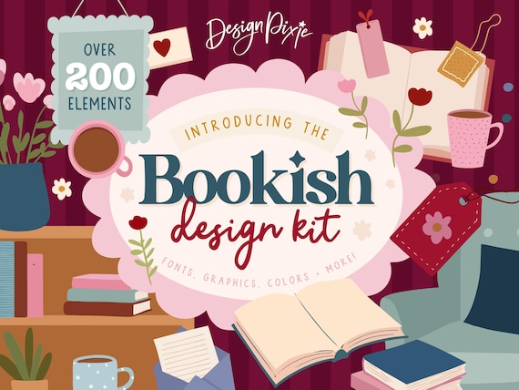 Bookish Design Kit - Cute Graphics for Book Merch - SVG Clipart and Font Bundle - Cottagecore Branding - Color Palettes - BC01 Design Pixie