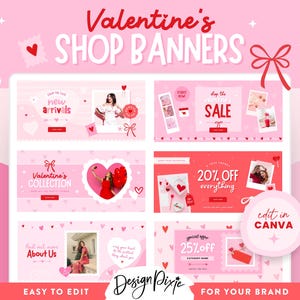 Valentines Shopify Banner Templates - Canva Editable - Slideshow Collection Shop Banners - Pink Red Hearts Bows Valentine CQ01 Design Pixie