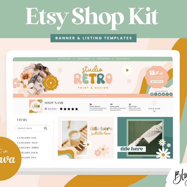 Etsy Shop Bundle - Retro Etsy Shop Kit - Banner Vorlagen für Canva - Etsy Store Listing Design - Etsy Banner Vorlagen - SR01 - Blog Pixie