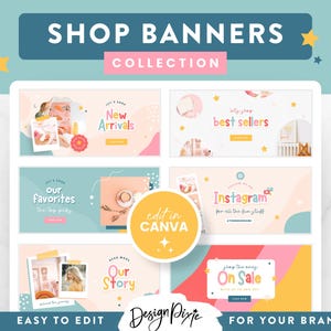 May include: A collection of colorful and playful Instagram banner templates for shops. The banners feature text like "New Arrivals", "Best Sellers", "Our Favorites", "Instagram", "Our Story", and "On Sale".