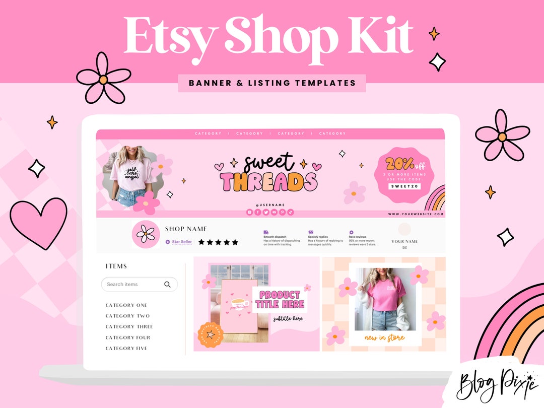 Pink Retro Branding Kit for Etsy Shop Kit Canva Templates Hot Pink Etsy ...