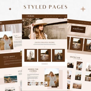 May include: A website design for a photographer showcasing their work and services. The website features a light brown and cream color scheme with a modern and minimalist design. The website includes a portfolio section, a showcase section, and a section about the photographer.
