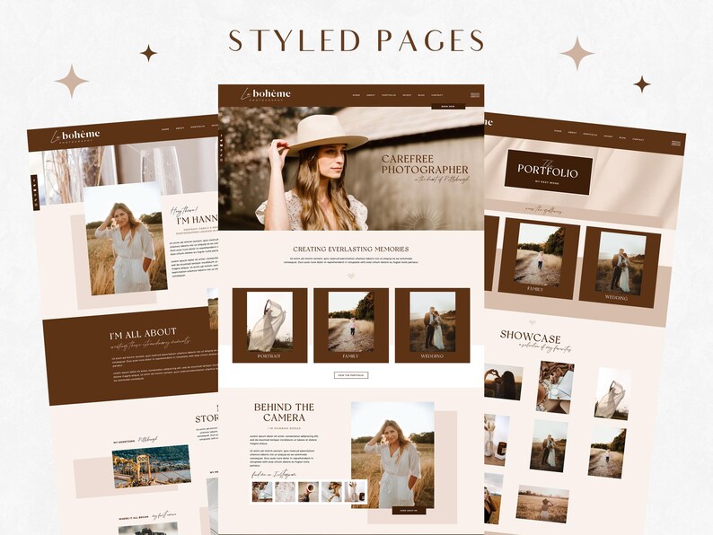 May include: A website design for a photographer showcasing their work and services. The website features a light brown and cream color scheme with a modern and minimalist design. The website includes a portfolio section, a showcase section, and a section about the photographer.