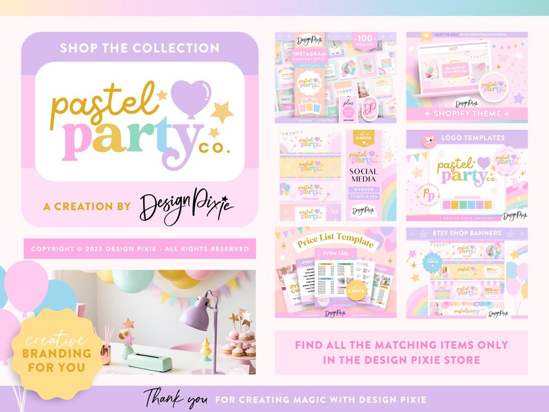 May include: A promotional image for "Pastel Party Co." branding, featuring a logo with pastel colors and a heart balloon. The image showcases various digital products, including logo templates, social media banners, and Etsy shop banners, all in a soft, colorful theme.