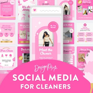 May include: A pink and white social media template for cleaning businesses. The template features a variety of images and text, including a photo of a woman, a cleaning checklist, and a quote about cleaning. The text "Design Pixie" and "Social Media for Cleaners" is also included in the template.