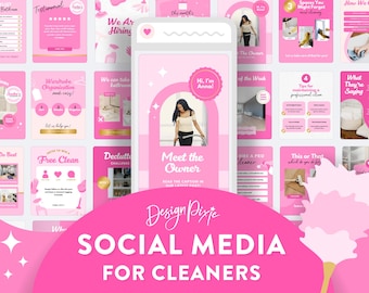 Puede incluir: Una plantilla de redes sociales rosa y blanca para empresas de limpieza. La plantilla presenta una variedad de imágenes y texto, incluida una foto de una mujer, una lista de verificación de limpieza y una cita sobre la limpieza. El texto "Design Pixie" y "Redes sociales para limpiadores" también se incluye en la plantilla.