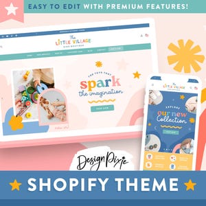 Kleines Dorf Shopify Theme - Primärfarben Kinder-Boutique Website - Kinderspielzeugladen, Klassenzimmer, Bildungsgeschäft - LV01 Design Pixie