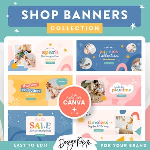 May include: A set of five colorful and playful social media banners for a shop selling children's toys and clothing. The banners feature illustrations of toys, children, and text that says "spark the imagination", "explore our new collection", "the new collection is here", "made for playtime", and "shop the sale 20% off storewide".