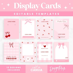 Modelli di biglietti da visita Coquette Canva - Biglietti da visita con supporto per gioielli - Marchio rosa grazioso - Fiocchi e ciliegie - CQ01 Design Pixie