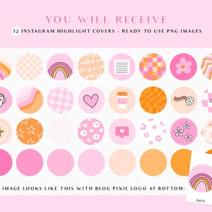 May include: A set of 32 Instagram highlight covers featuring a variety of designs in pink, orange, and white. The designs include rainbows, stars, hearts, coffee cups, flowers, and checkered patterns. Each cover has a small logo at the bottom that says "Blog Pixie".