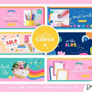 May include: A colorful graphic design featuring multiple banners with text like "New Arrivals," "Sale," and "Most Loved." The design includes illustrations of pencils, a desk, and a person drawing. The text "Edit in Canva" is also present.