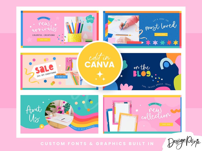 May include: A colorful graphic design featuring multiple banners with text like "New Arrivals," "Sale," and "Most Loved." The design includes illustrations of pencils, a desk, and a person drawing. The text "Edit in Canva" is also present.