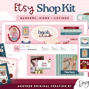 Może przedstawiać: Zestaw sklepowy Etsy z banerami, ikonami i szablonami ofert. Projekt zawiera różową i turkusową kolorystykę z ilustracjami filiżanek kawy, kwiatów i książek. Zawiera baner z napisem "Welcome to the Book Club".