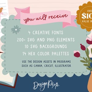 May include: A digital design bundle graphic featuring a sage green scalloped frame with the text you will receive, 4 creative fonts, 200+ SVG and PNG elements, 10 SVG backgrounds, 14 hex color palettes, and instructions for Canva, Cricut, and Illustrator.