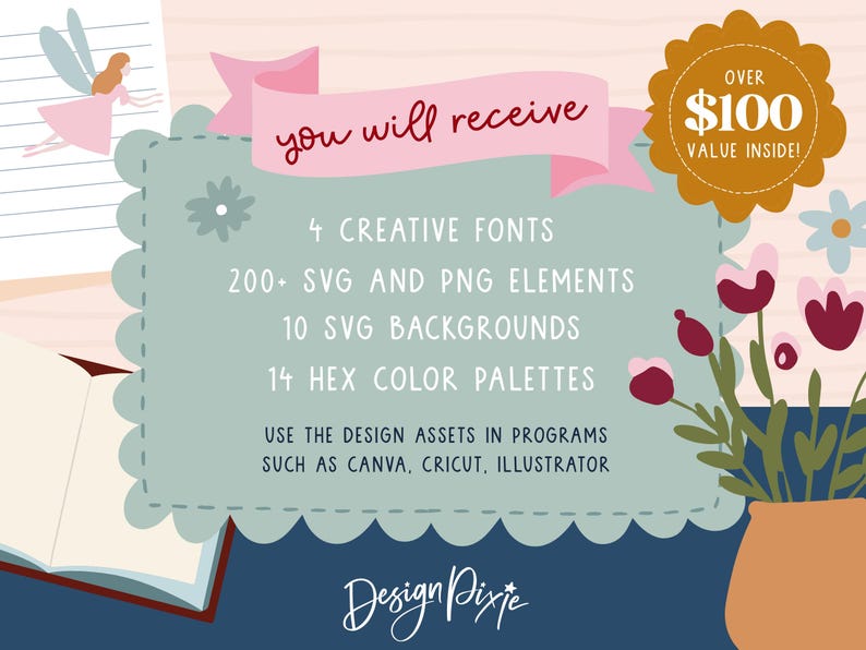 May include: A digital design bundle graphic featuring a sage green scalloped frame with the text you will receive, 4 creative fonts, 200+ SVG and PNG elements, 10 SVG backgrounds, 14 hex color palettes, and instructions for Canva, Cricut, and Illustrator.