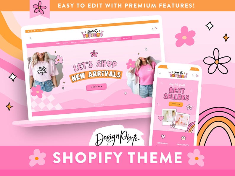 Hot pink Shopify theme with cute retro graphics. Perfect for sublimation, digital products and fashion boutique.