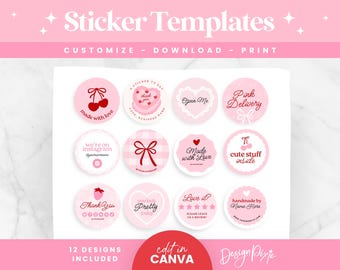 Coquette Sticker Templates for Canva - Round Printable Stickers - Cute Pink Aesthetic Packaging Stickers Business Branding CQ01 Design Pixie